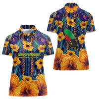 Martinique Map and Hibiscus Women Polo Shirt Island Silhouette with Tribal Stripe Accents