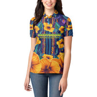 Martinique Map and Hibiscus Women Polo Shirt Island Silhouette with Tribal Stripe Accents
