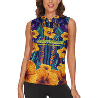 Martinique Map and Hibiscus Women Sleeveless Polo Shirt Island Silhouette with Tribal Stripe Accents