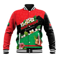 Martinique Island Pride Baseball Jacket Tropical Hibiscus and Plumeria Floral Flag Design