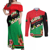 Martinique Island Pride Couples Matching Off Shoulder Maxi Dress and Long Sleeve Button Shirt Tropical Hibiscus and Plumeria Floral Flag Design