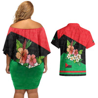 Martinique Island Pride Couples Matching Off Shoulder Short Dress and Hawaiian Shirt Tropical Hibiscus and Plumeria Floral Flag Design