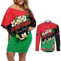 Martinique Island Pride Couples Matching Off Shoulder Short Dress and Long Sleeve Button Shirt Tropical Hibiscus and Plumeria Floral Flag Design