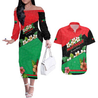 Martinique Island Pride Couples Matching Off The Shoulder Long Sleeve Dress and Hawaiian Shirt Tropical Hibiscus and Plumeria Floral Flag Design
