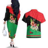 Martinique Island Pride Couples Matching Off The Shoulder Long Sleeve Dress and Hawaiian Shirt Tropical Hibiscus and Plumeria Floral Flag Design