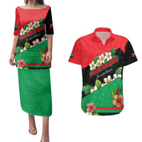 Martinique Island Pride Couples Matching Puletasi and Hawaiian Shirt Tropical Hibiscus and Plumeria Floral Flag Design