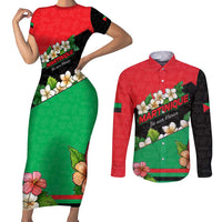 Martinique Island Pride Couples Matching Short Sleeve Bodycon Dress and Long Sleeve Button Shirt Tropical Hibiscus and Plumeria Floral Flag Design