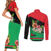 Martinique Island Pride Couples Matching Short Sleeve Bodycon Dress and Long Sleeve Button Shirt Tropical Hibiscus and Plumeria Floral Flag Design