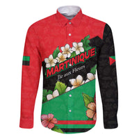 Martinique Island Pride Family Matching Off The Shoulder Long Sleeve Dress and Hawaiian Shirt Tropical Hibiscus and Plumeria Floral Flag Design