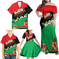 Martinique Island Pride Family Matching Off Shoulder Maxi Dress and Hawaiian Shirt Tropical Hibiscus and Plumeria Floral Flag Design