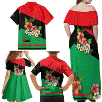 Martinique Island Pride Family Matching Off Shoulder Maxi Dress and Hawaiian Shirt Tropical Hibiscus and Plumeria Floral Flag Design