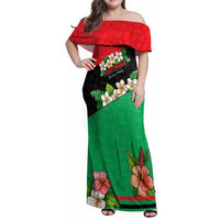 Martinique Island Pride Family Matching Off Shoulder Maxi Dress and Hawaiian Shirt Tropical Hibiscus and Plumeria Floral Flag Design