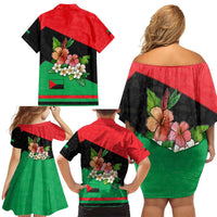 Martinique Island Pride Family Matching Off Shoulder Short Dress and Hawaiian Shirt Tropical Hibiscus and Plumeria Floral Flag Design