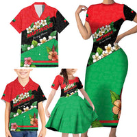 Martinique Island Pride Family Matching Short Sleeve Bodycon Dress and Hawaiian Shirt Tropical Hibiscus and Plumeria Floral Flag Design