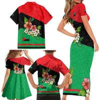 Martinique Island Pride Family Matching Short Sleeve Bodycon Dress and Hawaiian Shirt Tropical Hibiscus and Plumeria Floral Flag Design