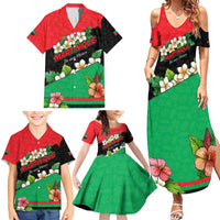 Martinique Island Pride Family Matching Summer Maxi Dress and Hawaiian Shirt Tropical Hibiscus and Plumeria Floral Flag Design