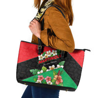 Martinique Island Pride Leather Tote Bag Tropical Hibiscus and Plumeria Floral Flag Design