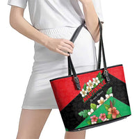 Martinique Island Pride Leather Tote Bag Tropical Hibiscus and Plumeria Floral Flag Design