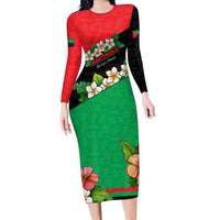Martinique Island Pride Long Sleeve Bodycon Dress Tropical Hibiscus and Plumeria Floral Flag Design