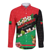 Martinique Island Pride Long Sleeve Button Shirt Tropical Hibiscus and Plumeria Floral Flag Design