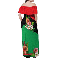 Martinique Island Pride Off Shoulder Maxi Dress Tropical Hibiscus and Plumeria Floral Flag Design