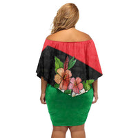 Martinique Island Pride Off Shoulder Short Dress Tropical Hibiscus and Plumeria Floral Flag Design