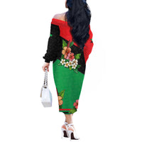 Martinique Island Pride Off The Shoulder Long Sleeve Dress Tropical Hibiscus and Plumeria Floral Flag Design