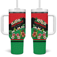 Martinique Island Pride Tumbler With Handle Tropical Hibiscus and Plumeria Floral Flag Design
