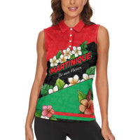 Martinique Island Pride Women Sleeveless Polo Shirt Tropical Hibiscus and Plumeria Floral Flag Design