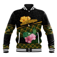 Martinique Heritage Baseball Jacket Hibiscus Floral Design with Green and Yellow Madras Tartan