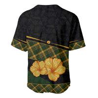 Martinique Heritage Baseball Jersey Hibiscus Floral Design with Green and Yellow Madras Tartan