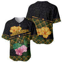 Martinique Heritage Baseball Jersey Hibiscus Floral Design with Green and Yellow Madras Tartan