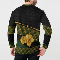 Martinique Heritage Button Sweatshirt Hibiscus Floral Design with Green and Yellow Madras Tartan