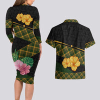 Martinique Heritage Couples Matching Long Sleeve Bodycon Dress and Hawaiian Shirt Hibiscus Floral Design with Green and Yellow Madras Tartan