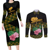 Martinique Heritage Couples Matching Long Sleeve Bodycon Dress and Long Sleeve Button Shirt Hibiscus Floral Design with Green and Yellow Madras Tartan