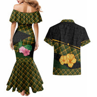 Martinique Heritage Couples Matching Mermaid Dress and Hawaiian Shirt Hibiscus Floral Design with Green and Yellow Madras Tartan