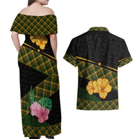 Martinique Heritage Couples Matching Off Shoulder Maxi Dress and Hawaiian Shirt Hibiscus Floral Design with Green and Yellow Madras Tartan