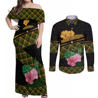 Martinique Heritage Couples Matching Off Shoulder Maxi Dress and Long Sleeve Button Shirt Hibiscus Floral Design with Green and Yellow Madras Tartan