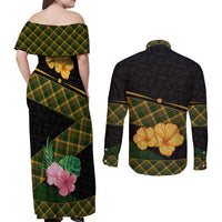 Martinique Heritage Couples Matching Off Shoulder Maxi Dress and Long Sleeve Button Shirt Hibiscus Floral Design with Green and Yellow Madras Tartan