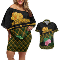 Martinique Heritage Couples Matching Off Shoulder Short Dress and Hawaiian Shirt Hibiscus Floral Design with Green and Yellow Madras Tartan