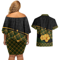Martinique Heritage Couples Matching Off Shoulder Short Dress and Hawaiian Shirt Hibiscus Floral Design with Green and Yellow Madras Tartan