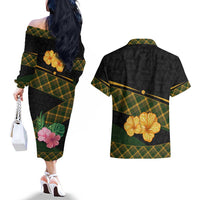 Martinique Heritage Couples Matching Off The Shoulder Long Sleeve Dress and Hawaiian Shirt Hibiscus Floral Design with Green and Yellow Madras Tartan