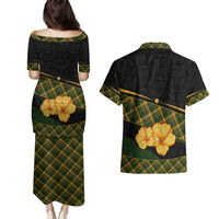 Martinique Heritage Couples Matching Puletasi and Hawaiian Shirt Hibiscus Floral Design with Green and Yellow Madras Tartan