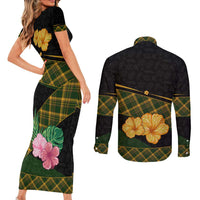 Martinique Heritage Couples Matching Short Sleeve Bodycon Dress and Long Sleeve Button Shirt Hibiscus Floral Design with Green and Yellow Madras Tartan