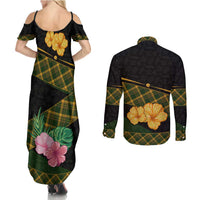 Martinique Heritage Couples Matching Summer Maxi Dress and Long Sleeve Button Shirt Hibiscus Floral Design with Green and Yellow Madras Tartan