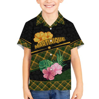 Martinique Heritage Family Matching Long Sleeve Bodycon Dress and Hawaiian Shirt Hibiscus Floral Design with Green and Yellow Madras Tartan