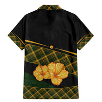 Martinique Heritage Family Matching Mermaid Dress and Hawaiian Shirt Hibiscus Floral Design with Green and Yellow Madras Tartan