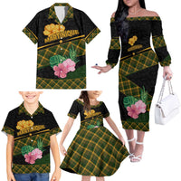 Martinique Heritage Family Matching Off The Shoulder Long Sleeve Dress and Hawaiian Shirt Hibiscus Floral Design with Green and Yellow Madras Tartan