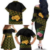 Martinique Heritage Family Matching Off The Shoulder Long Sleeve Dress and Hawaiian Shirt Hibiscus Floral Design with Green and Yellow Madras Tartan