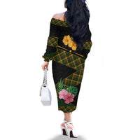 Martinique Heritage Family Matching Off The Shoulder Long Sleeve Dress and Hawaiian Shirt Hibiscus Floral Design with Green and Yellow Madras Tartan